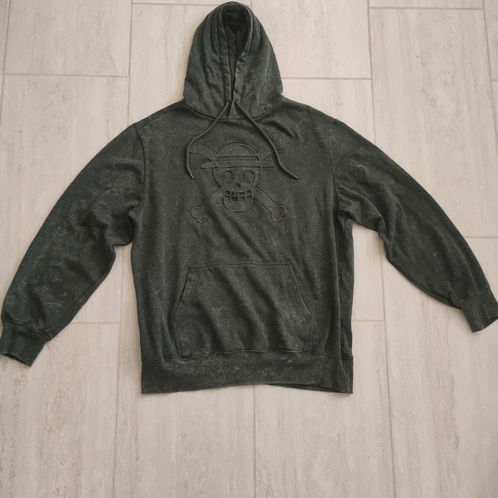 One Piece Anime Hoodie Men Medium Green Acid Wash Jolly Roger Straw Hat Luffy